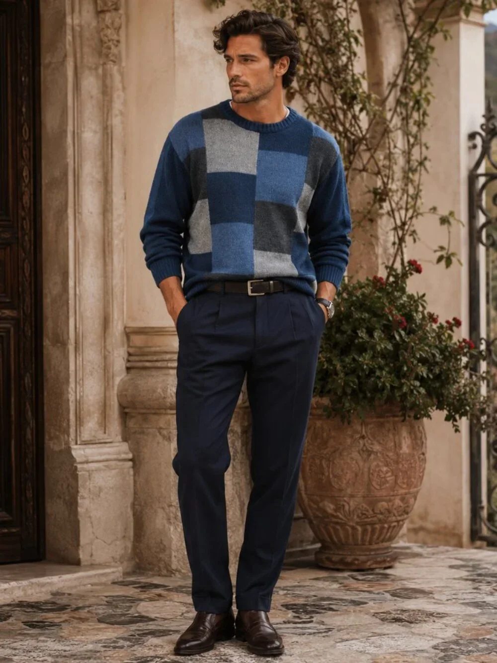 Oscar De La Renta Sweater Men's Sz M Blue Gray Colorblock Cotton LS Crew Neck